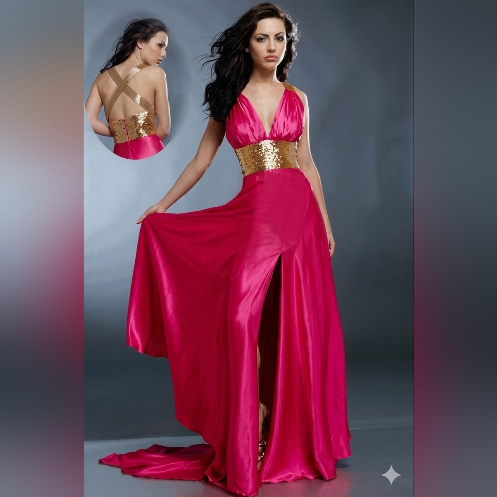Jovani Fuchsia Satin Prom Gown with Gold Sequin Waist